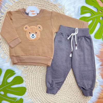 Conj. Casaco Matalasse Ursinho de Pelinho e Calça de Moletom - Marrom